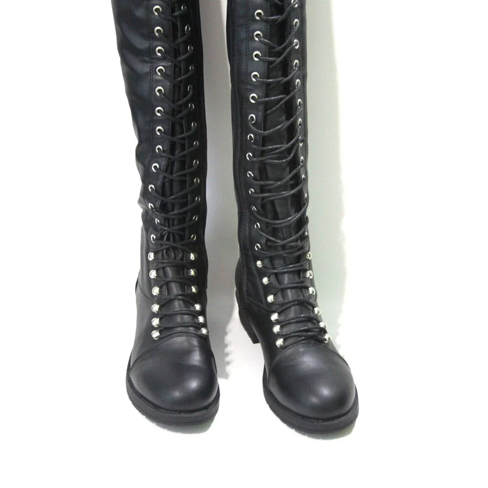 Black Thigh High Low Block Heel Boots Womens Size 7.5 Over the Knee Lace Up Tall